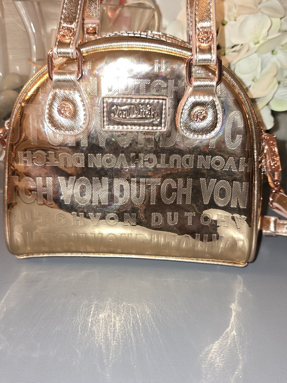 Von Dutch Women's Metallic Rose Gold Dome Satchel